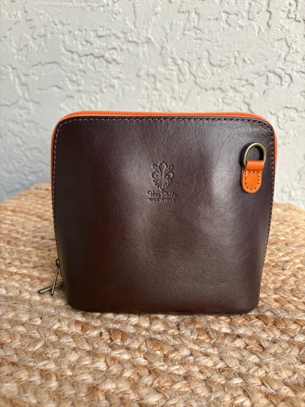 Vera Pelle Italian Leather bag Brown Orange Zip Made in Italy 6x6.5 (No Strap)